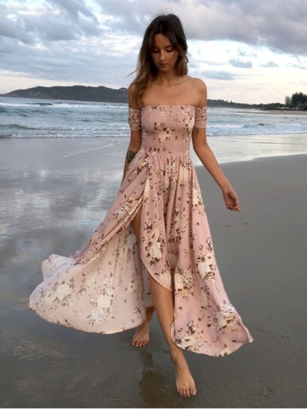 Blush Pink Floral Off-Shoulder Maxi Dress